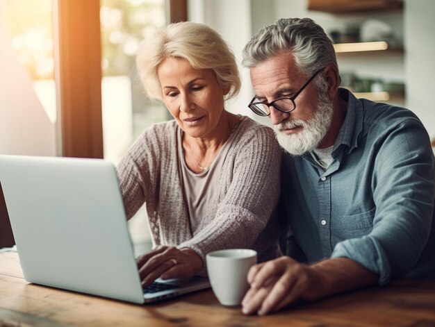 A middleaged elderly couple is engaged in financial activities including reviewing physical bills