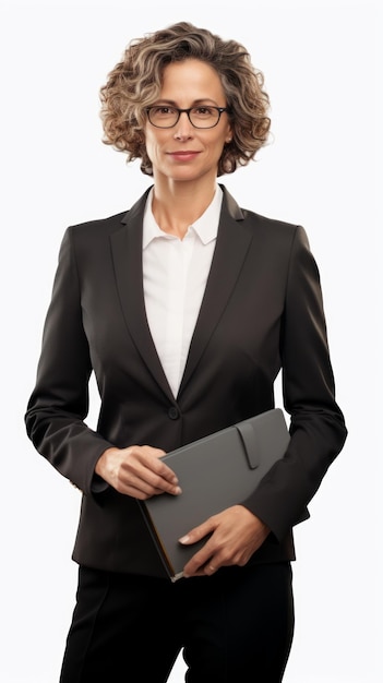 Photo middleaged female lawyer in a suit briefcase in hand slight smile professional posture on a white backdrop generative ai