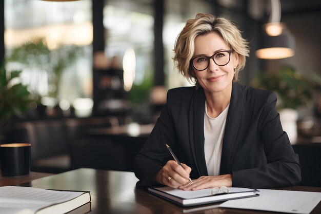 Middleaged female writer smiling while writing in her notebook her next book