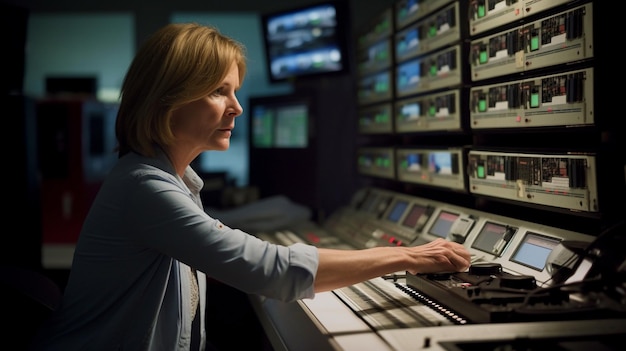 A middleaged lady operates equipment in a television station's control room utilizing Generative AI