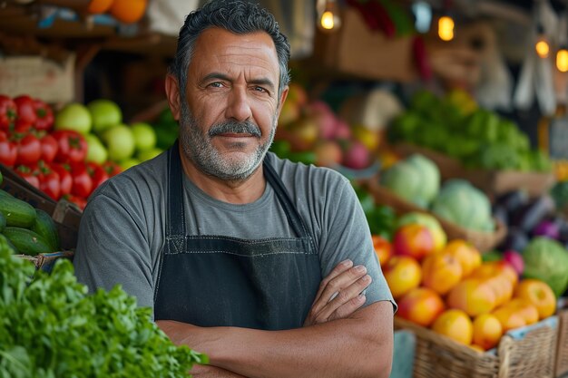 A middleaged Latin greengrocer dressed in an apron Generative Ai