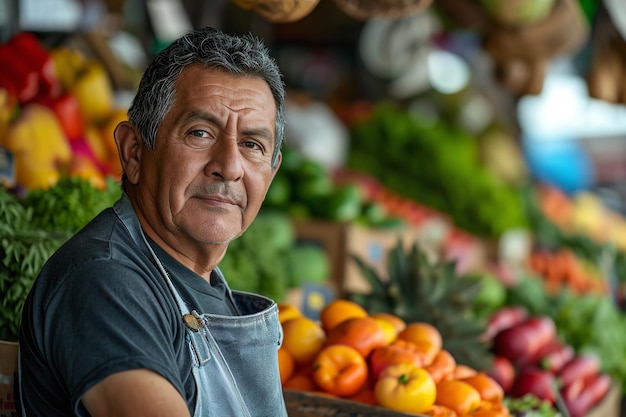 A middleaged Latin greengrocer dressed in an apron Generative Ai