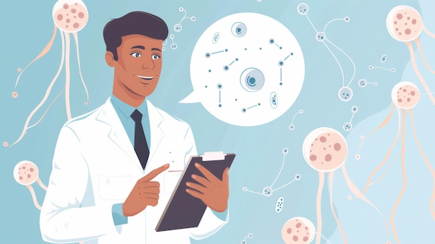 MiddleAged Male Doctor with Clipboard and wearing white Lab Coat and Microscopic Cells Background