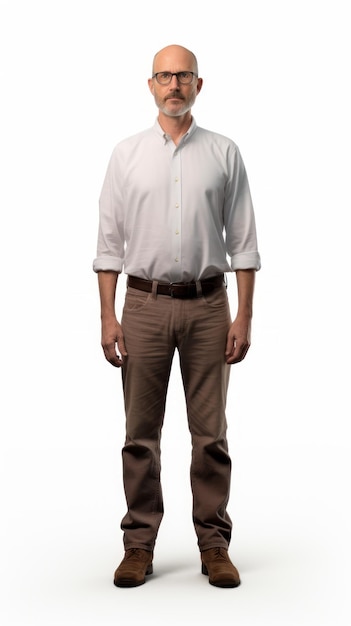 Middleaged male IT professional with a laptop slight smile standing upright fullbody view on a white backdrop Generative AI