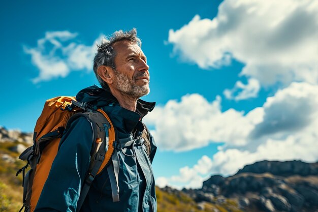 晴れた日に空に向かって山を登るバックパックを背負った中年男性