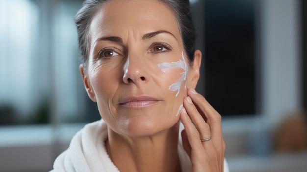 Middleaged woman applies a rejuvenating cream to her face Created with Generative AI technology