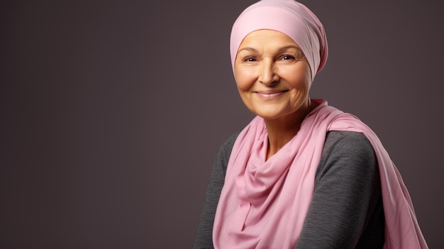 Middleaged woman cancer patient wearing headscarf and smiling on grey background Created with Generative AI technology