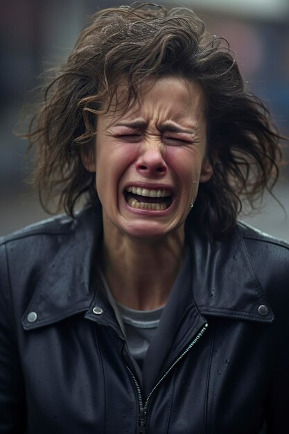 middleaged woman crying on the city streets