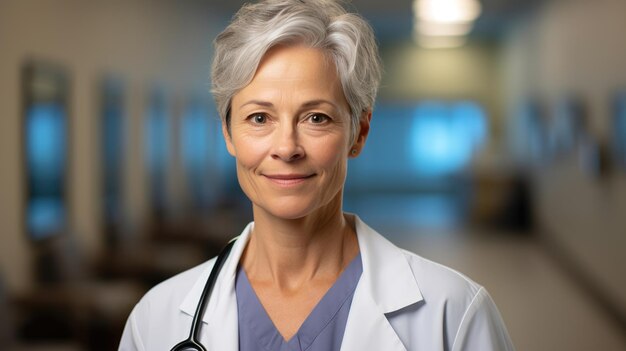 Photo middleaged woman doctor stands against the hospital backgroundcreated with generative ai technology