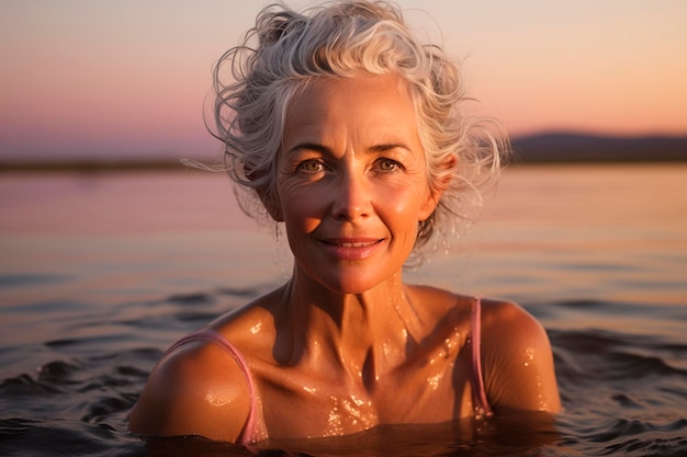 Женщина средних лет в озере перед закатом солнца.