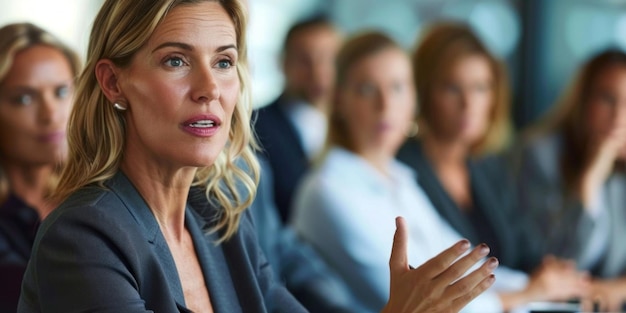 Photo a middleaged woman mentor talks with candidates about a business project generative ai