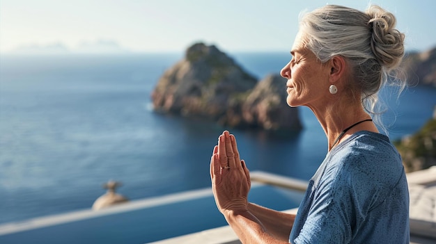 Middleaged woman practicing yoga with serene ocean view