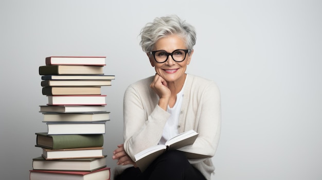 Middleaged woman sits on a gray background next to stacks of books