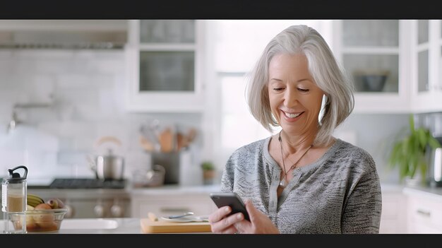 Photo a middleaged woman smiles in a bright kitchen using her smartphone with copy space u generative ai