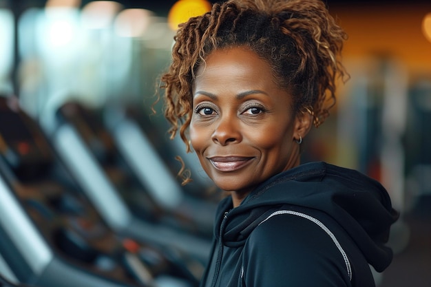 A middleaged woman smiles while exercising in a gym surrounded by a row of treadmills