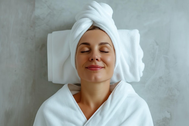 Middleaged Woman In White Bathrobe Radiating Joy Enjoys Spa Treatments