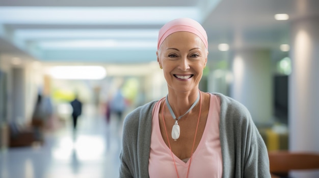 Middleaged woman with cancer smiling wearing head scarf in a hospital Created with Generative AI technology