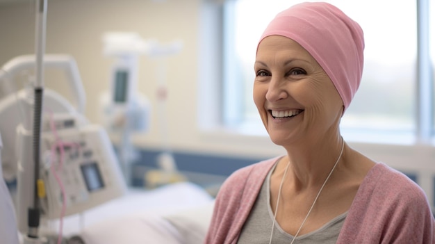 Photo middleaged woman with cancer smiling wearing head scarf sits on bed in a hospital room created with generative ai technology