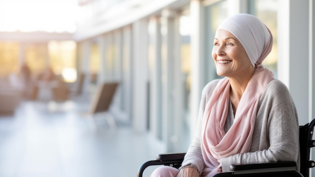 Middleaged woman with cancer wearing head scarf sits in a wheelchair in a hospital Created with Generative AI technology