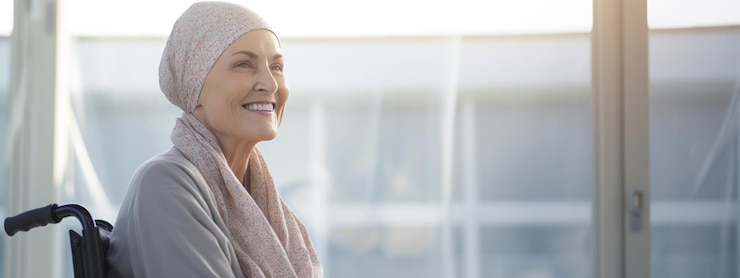 Photo middleaged woman with cancer wearing head scarf sits in a wheelchair in a hospital