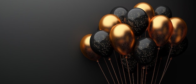 midjourneyblack and golden balloons on black background with black friday concept space for text