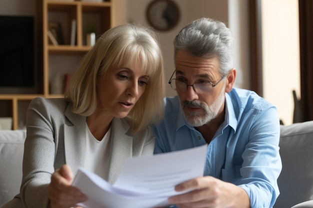 Photo midlife couple assiduously evaluating documentation contemplating mortgage insurance contract in th