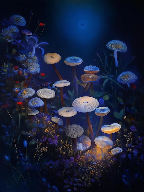 A midnight aura of mushrooms and flowers