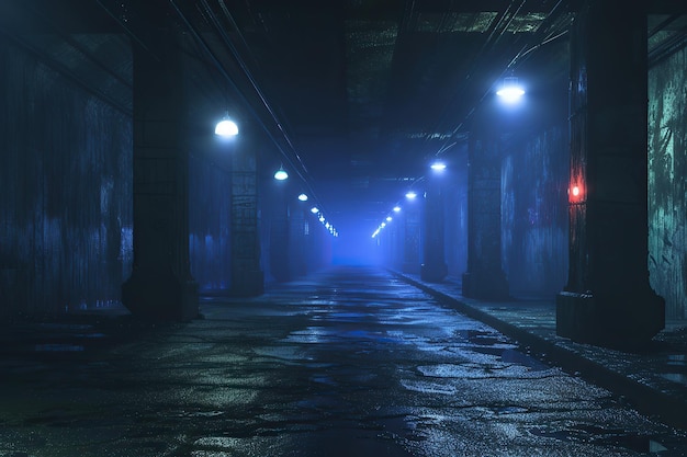 Midnight basement parking area or underpass alley Wet hazy asphalt with lights on sidewalls crime midnight activity concept