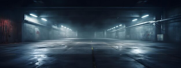 Midnight basement parking area or underpass alley Wet hazy asphalt with lights on sidewalls crime