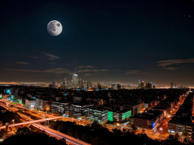 Иллюстрация полуночного города с транспортными средствами и небоскребами с полной луной и звездами
