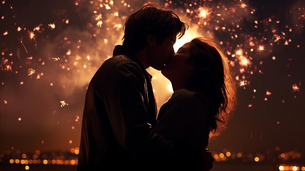 Photo midnight kiss under the fireworks