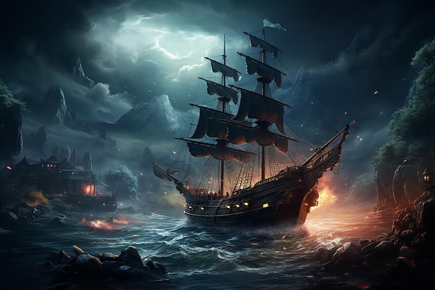 Midnight maritime battle pirate ship in darkness