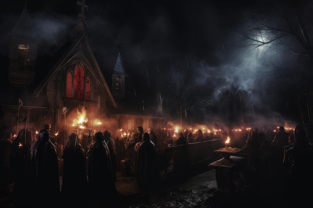 Midnight mass devil near creepy house Eve candle dusk bonfire festivity Generate Ai