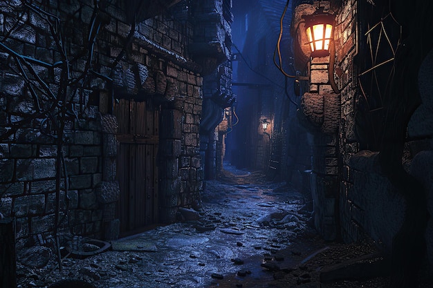 Midnight road or alley in a very old town abandoned old area of town with stone or brick buildings no street lights