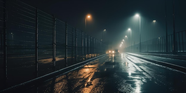 Midnight road or alley Wet hazy asphalt road