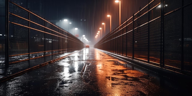 Midnight road or alley Wet hazy asphalt road