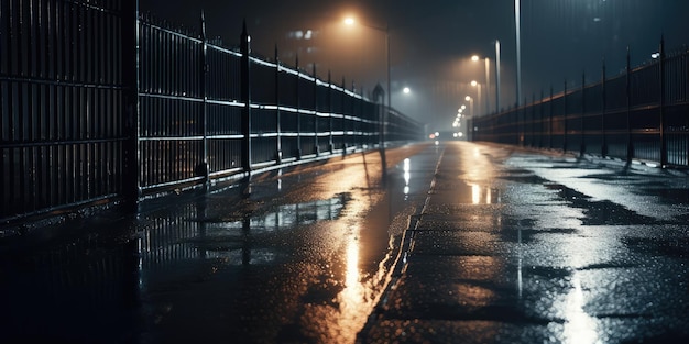 Midnight road or alley Wet hazy asphalt road