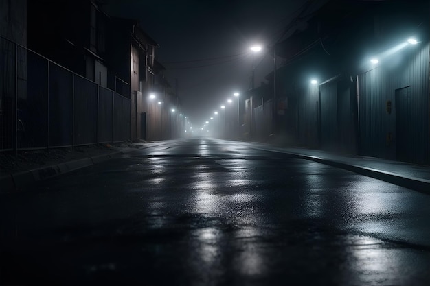 Photo midnight road or alley with car headlights pointed this way generative ai
