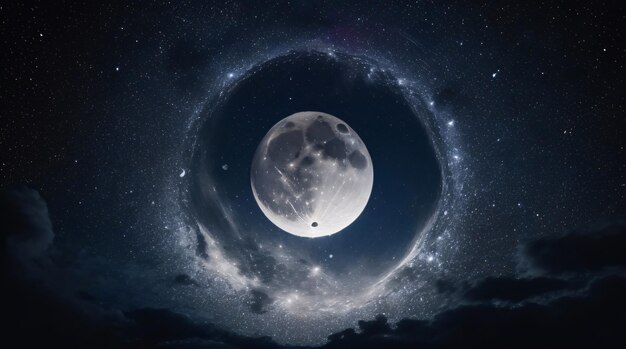 A midnight sky filled with stars a full moon and a glowing white circle in the center