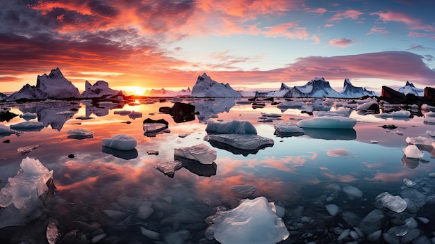 Midnight sun over Jokulsarlon iceberg available as Framed Prints