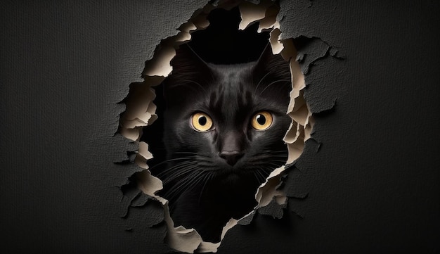 Midnight Watch A Curious Black Cat Peeking Out of a Wall Hole Generative AI