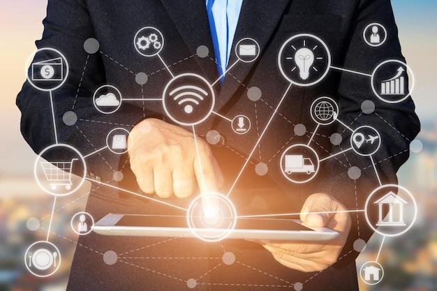 midsection of businessman with interface