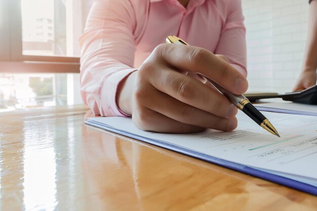 Photo midsection of businessman working on table in office