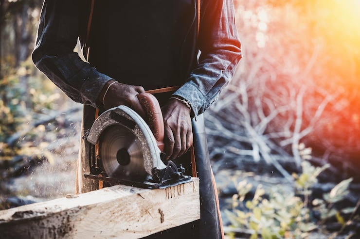 Photo midsection of carpenter cutting wood outdoors