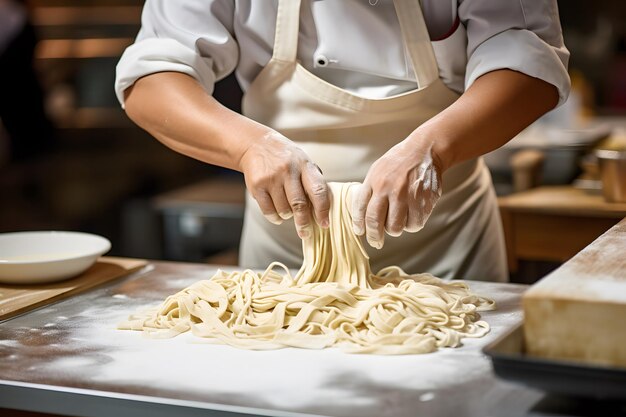 Photo midsection of a chef crafting noodles in the kitchen