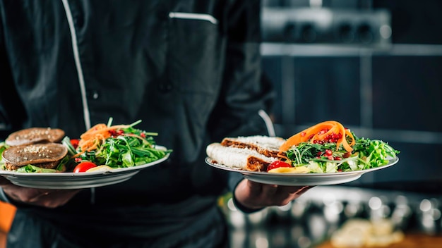 Photo midsection of chef holding food in plates at restaurant