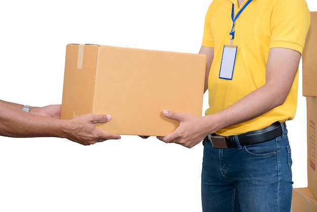 Midsection of delivery person delivering package t man against white background