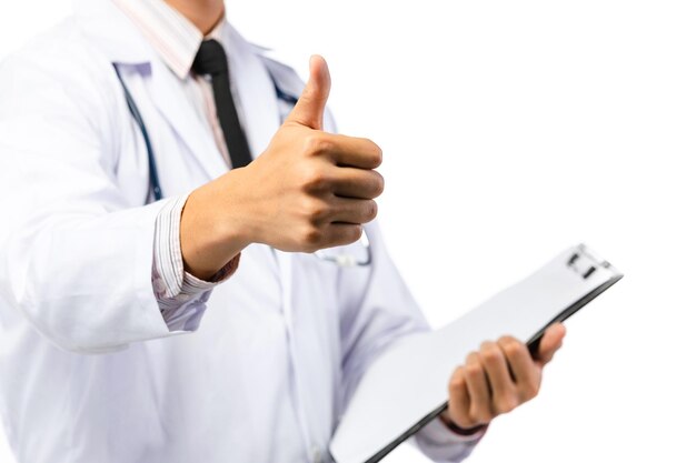 Photo midsection of doctor gesturing while standing against white background