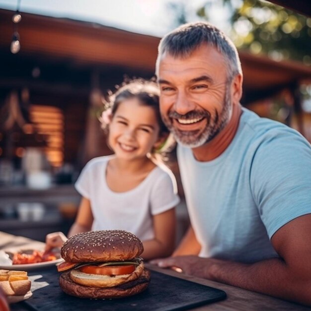 midsection of father serving grilled patty to smiling daughter sitting on table in back yard