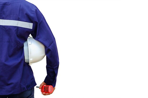 Photo midsection of foreman with hardhat and walkie-talkie against white background